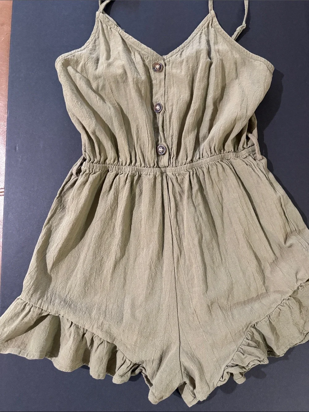 SHEIN Olive-Green Spaghetti-Strap Button Romper with Ruffle Hem